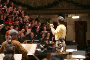 John Morris Russell rehearsing for Pops Holiday show in Music Hall